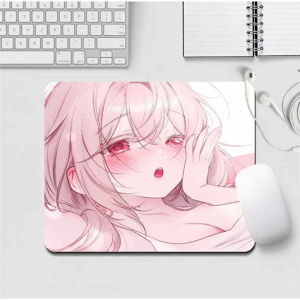 Gaming Mouse Pad,Small Square Desk Mat,Anti-slip Rubber Base,Stitched Edges,Pale Pink Hair Blush Red Eyes Soft Anime Print