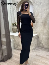 D​rauuing Elegant Party Dresses Women Skinny Mesh Long Sleeve Square Neck Vintage Black Ankle Length Dresses Women Autumn New