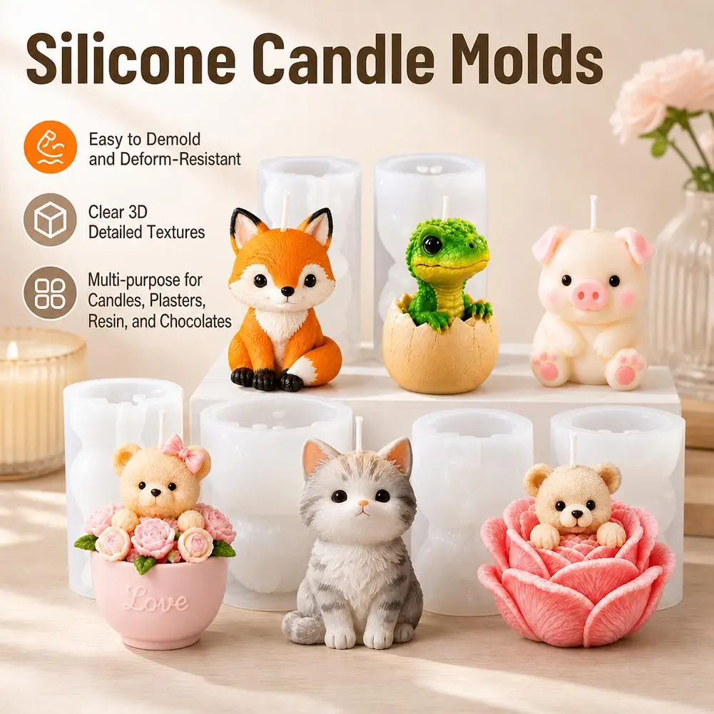1pc Cute Animal Silicone Candle Molds 3D Cartoon Fox Cat Bear Pig Dinosaur DIY Wax Soap Resin Mould For Handmade Crafts