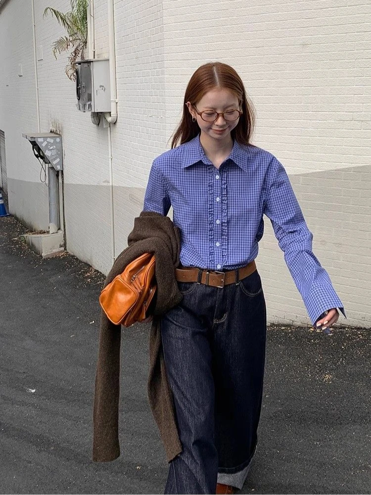HOUZHOU Blue Plaid Women Shirts Harajuku Long Sleeve Korean Fashion Ruched Blouses Loose Preppy Aesthetic Youthful Spring New