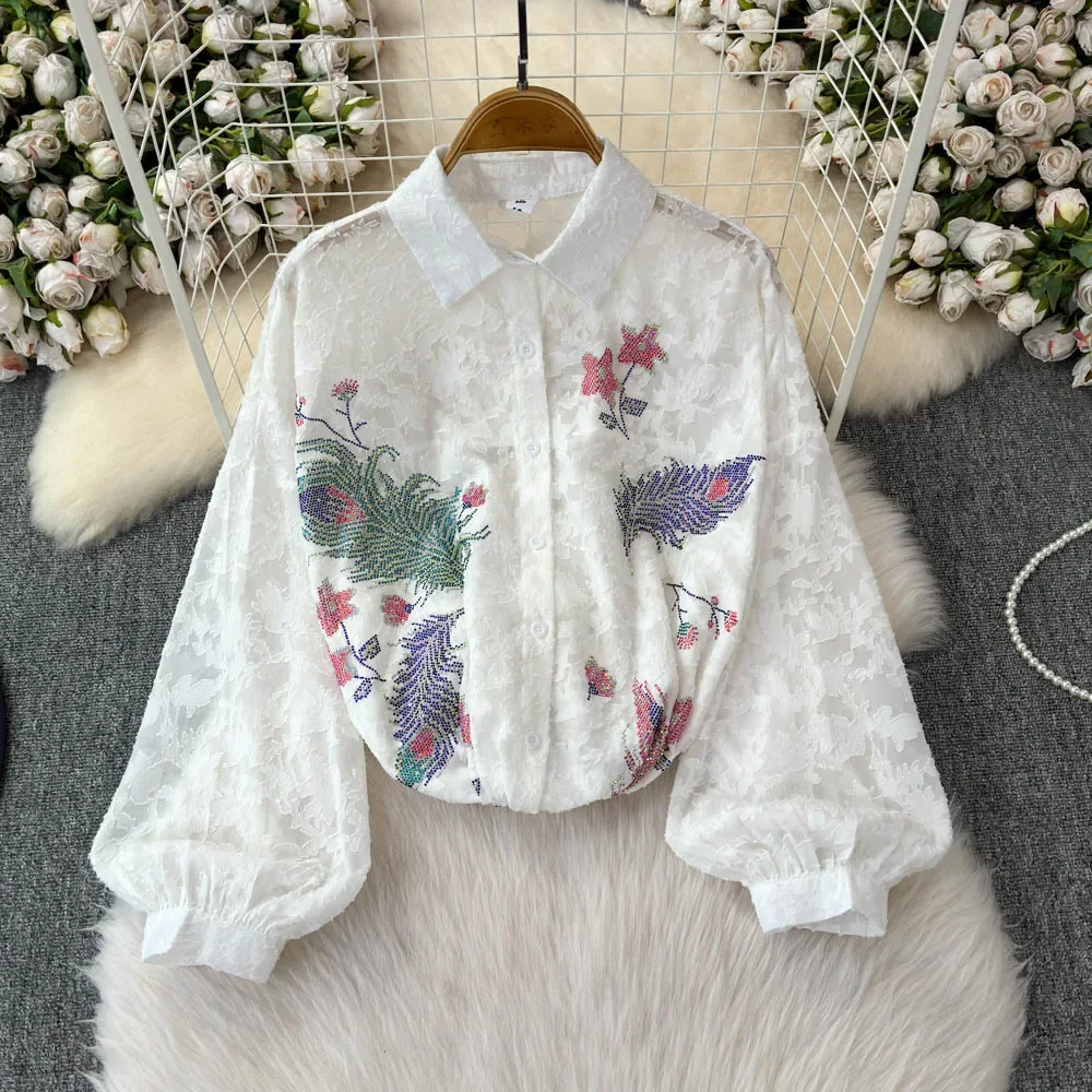 Basics Puff Sleeves Polo-neck Chic Rhinestone Sequin Embroidered Single Breasted Loose Mesh Top High Street Autumn Women Shirts