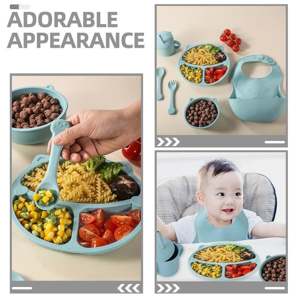 

1Set Children Divided Plate Silicone Toddler Dinner Bowl Spoon Fork Drinking Cup Straw Kids Tableware Toddler Spoon Fork