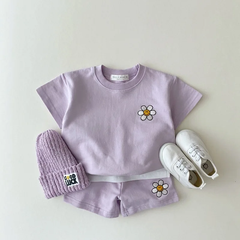 2023 Summer Girls Clothes Set Flower Short Sleeve Sweatshirts Shorts 2PCS Baby Sports Suit 1-5 Years Kids Toddler Boy Outfit