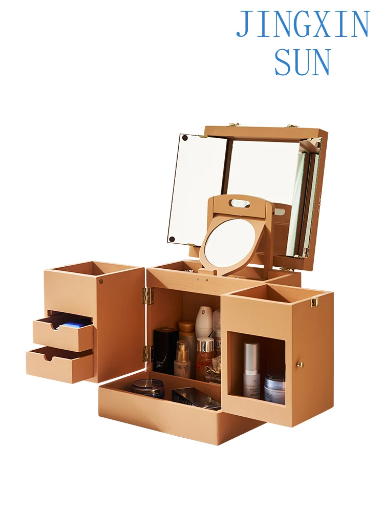 Cosmetics storage box, dustproof, with mirror integrated, all solid wood portable makeup table