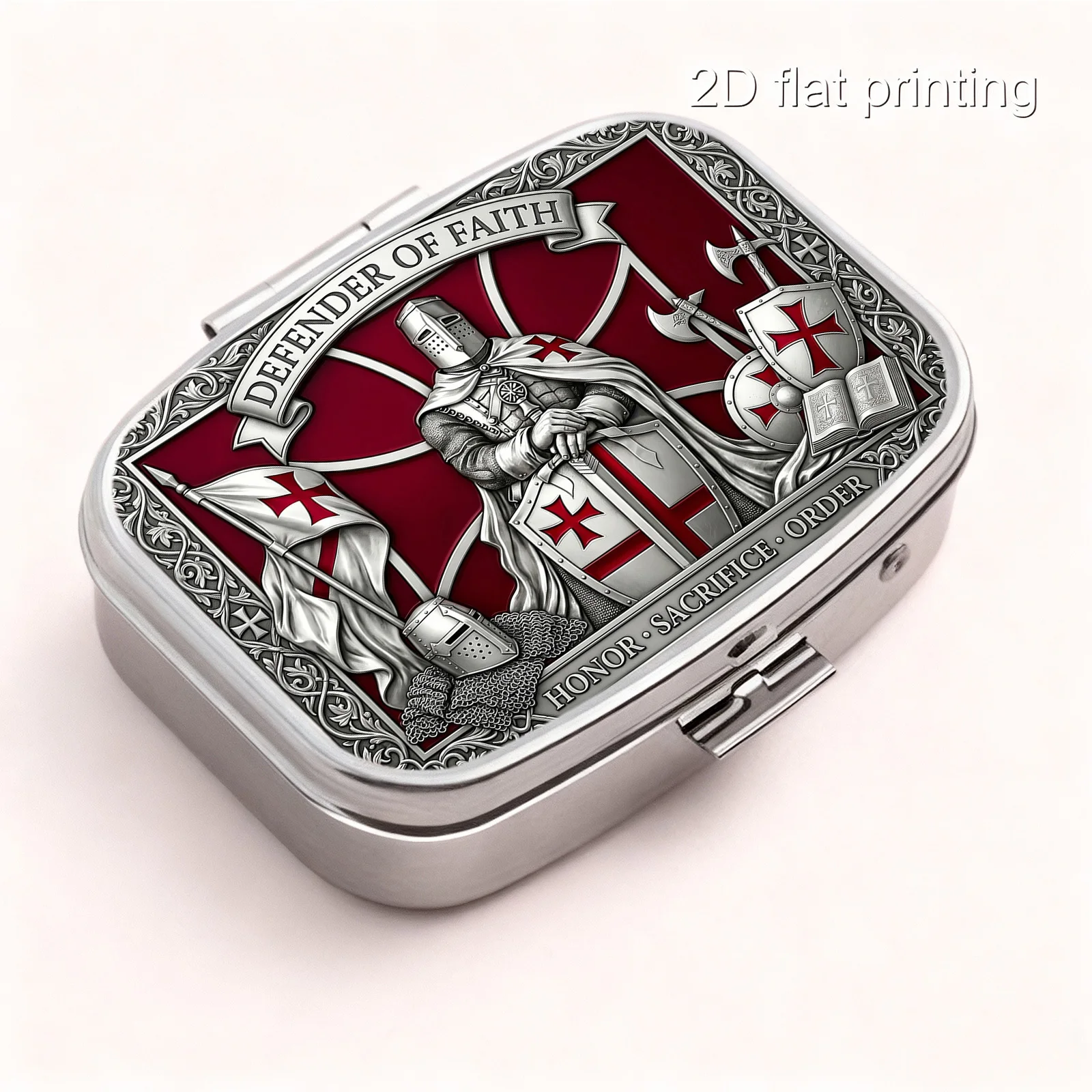 1pc flat printing pill box, featuring a Templar cross shield pattern, medieval retro badge style, portable metal material, practical gift, lightweight and convenient, exquisite and handy, suitable for various occasions, compartmentalized storage, small pill box, suitable for all seasons, personal medication organizer