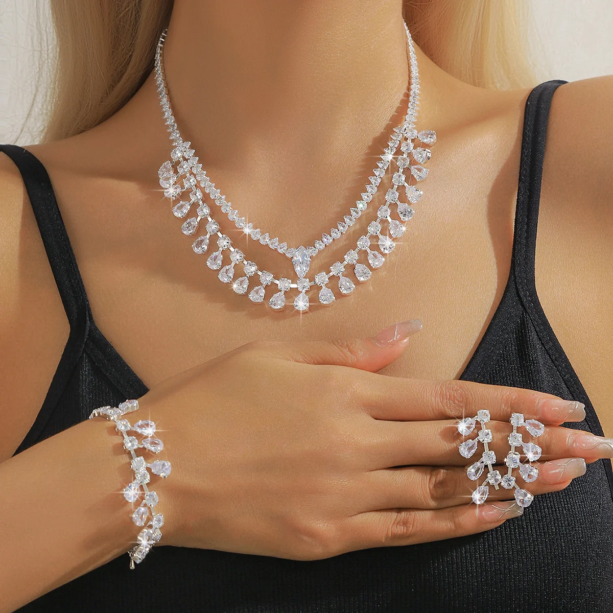 

Luxury-sleek fashion dress accessories - diamond necklace, earrings and bracelet - a set of three-piece jewelry items