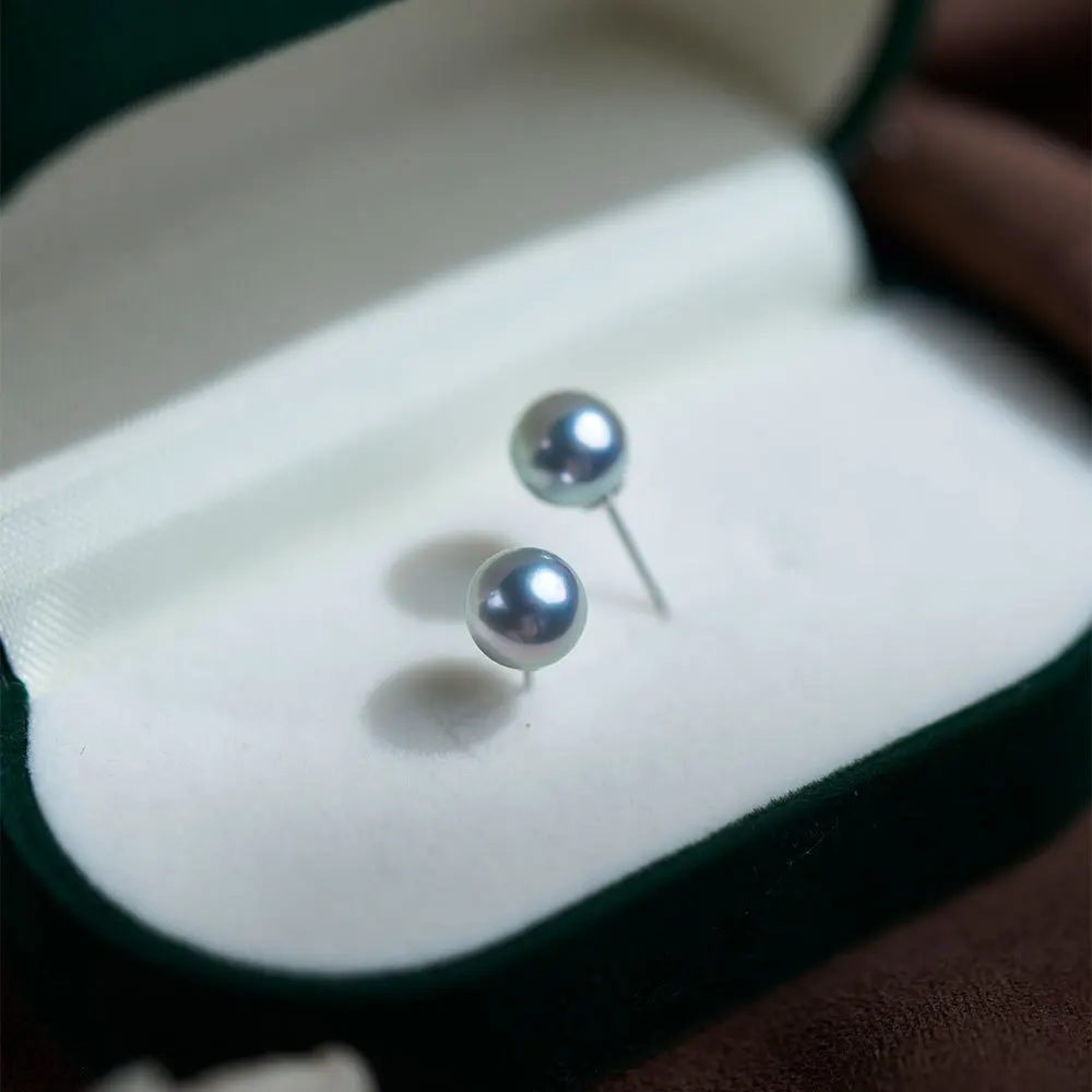 

Silver Gray Blue Japanese AKOYA Pearl Earrings 18K Gold Nearly Round Seawater Mando Hemp Pearl Stud Earrings