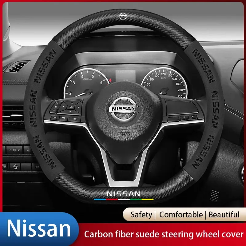 Car Suede Carbon Fiber Leather Steering Wheel Cover For Nissan X-trail 2017-2021 Qashqai Rogue Sport Rogue 2016-2021 Versa Car