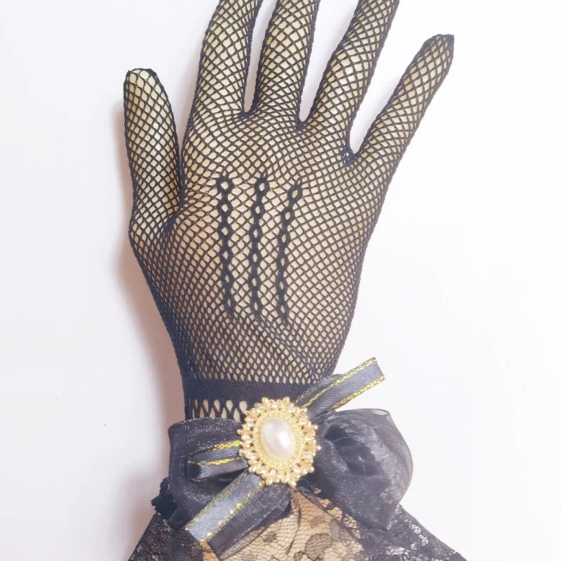 Кружевные женские перчатки с розовыми рукавами в стиле Харадзюку, черные кружевные перчатки в стиле Лолиты для девочек, кружевные сетчатые прозрачные тонкие перчатки, дышащие перчатки