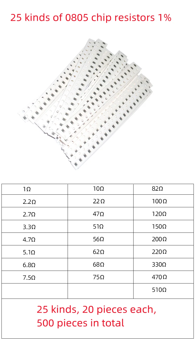 0805 SMT kemasan resistor 1% paket komponen sampel resistor 25 biasa digunakan masing-masing 20 buah, total 500 buah