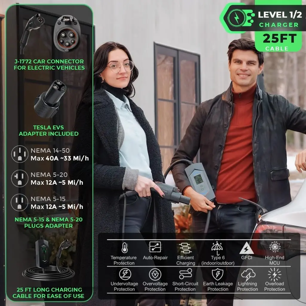 MACH 3 Fast 40A Level 1/2 EV Charger, 120-240V NEMA 14-50, SAE J1772 & NACS, 25ft Cable, Outdoor EVSE
