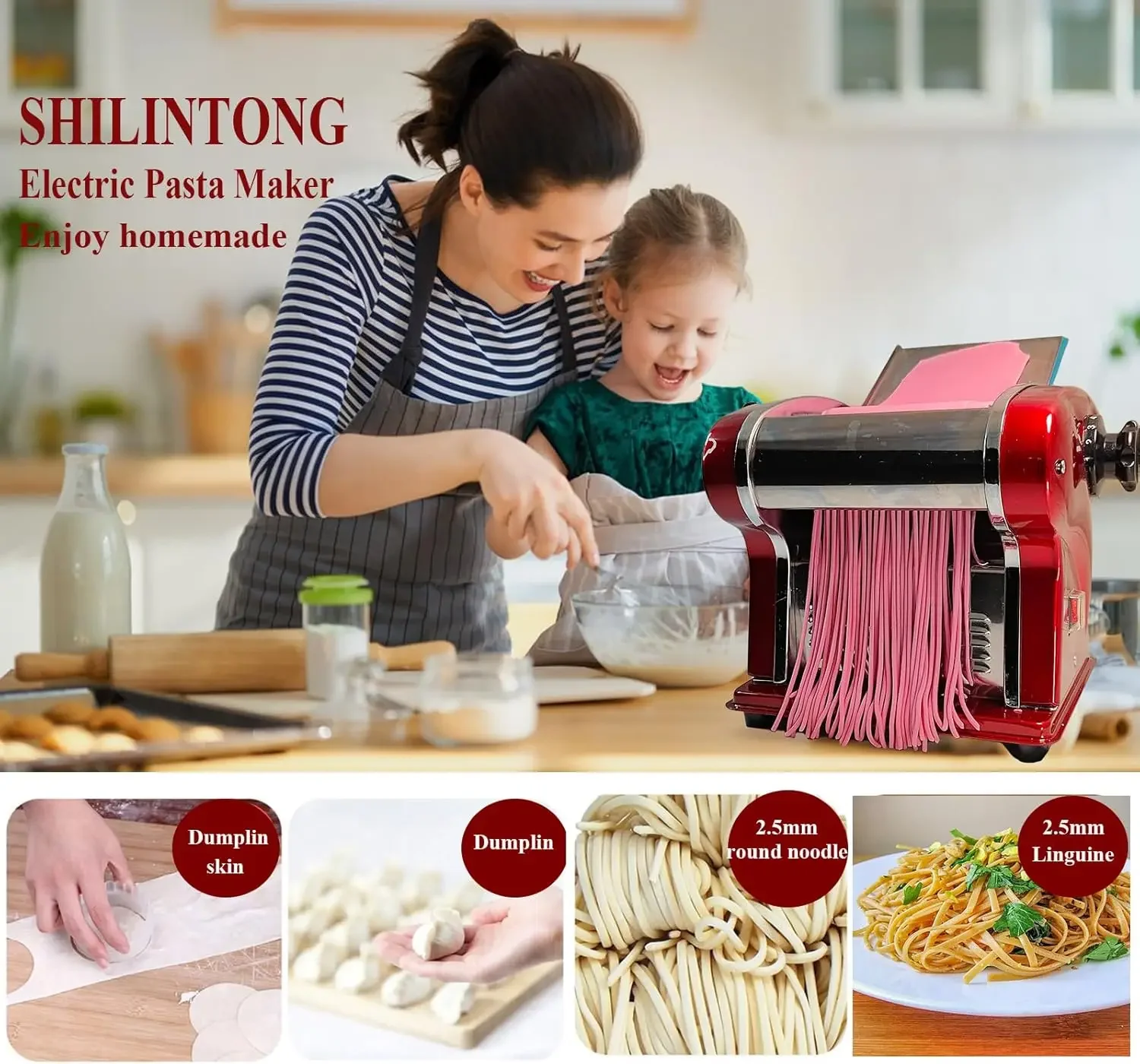 Noodle Making Machine for Household & Commercial Use, Pasta Maker Built-in 2.5 mm Blade Dough Width 14 cm Thickness 0.3-4 mm Adj