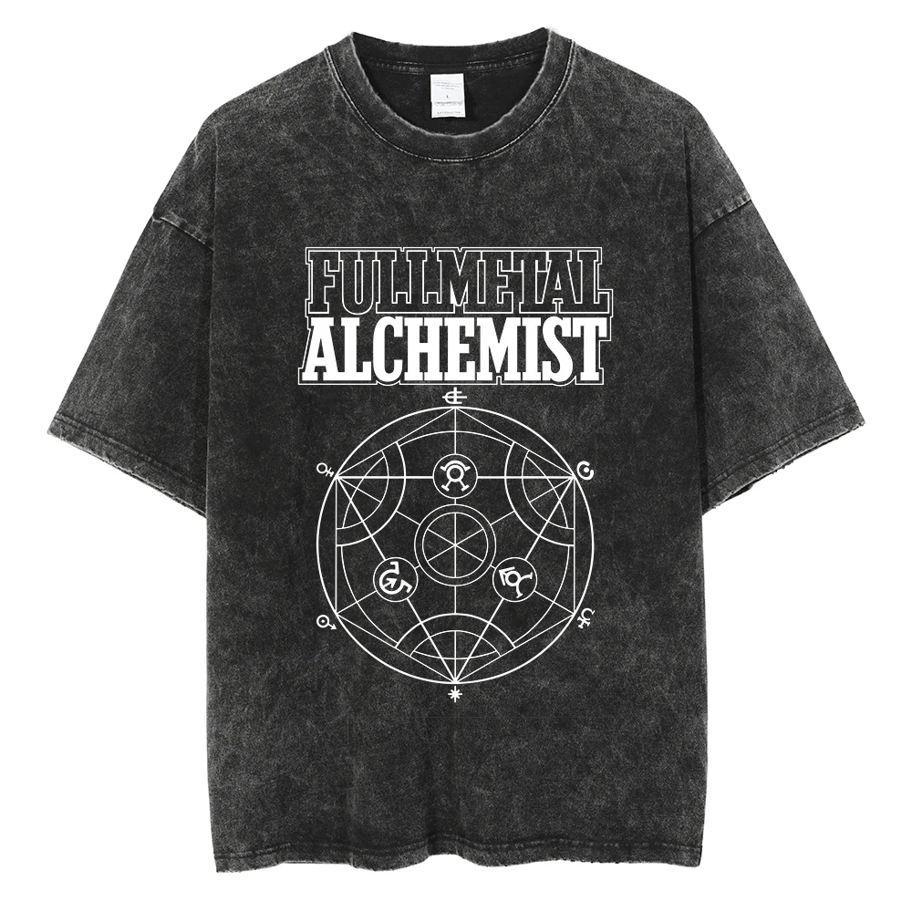 Anime Fullmetal Alchemist Logo Graphic Print T Shirt Men Women Vintage Manga Tshirts Washed Cotton T-shirt Harajuku Oversize Tee