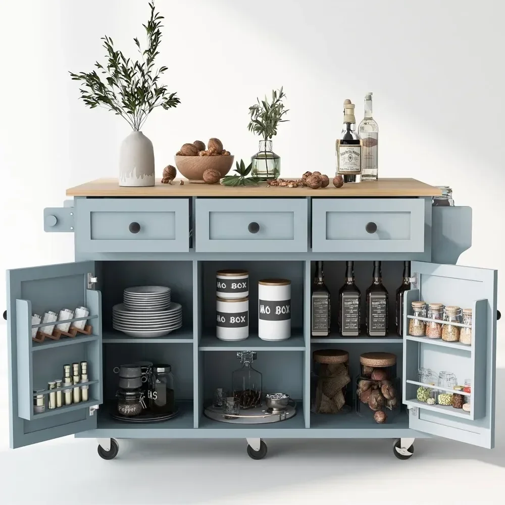 kitchen islands table，Kitchen Island with Drop Leaf, Wood Kitchen Island on Wheel with Internal Storage Racks (Gray Blue,53.1