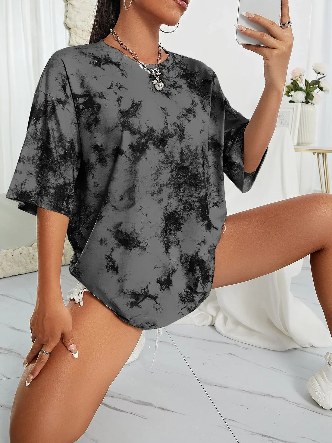 Dames tie-dye print drop-shoulder tee, street fashion casual T-shirt met korte mouwen en ronde hals voor de zomer, los T-shirt