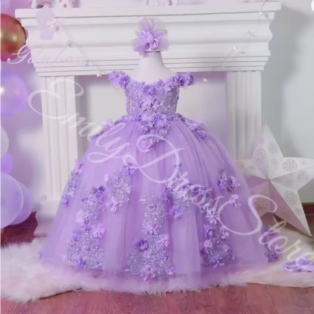 فستان فتاة الزهور لحفلات الزفاف ثلاثي الأبعاد مزين بالتول فستان الأميرة الفاخر للأطفال لحفلات أعياد الميلاد المسائية