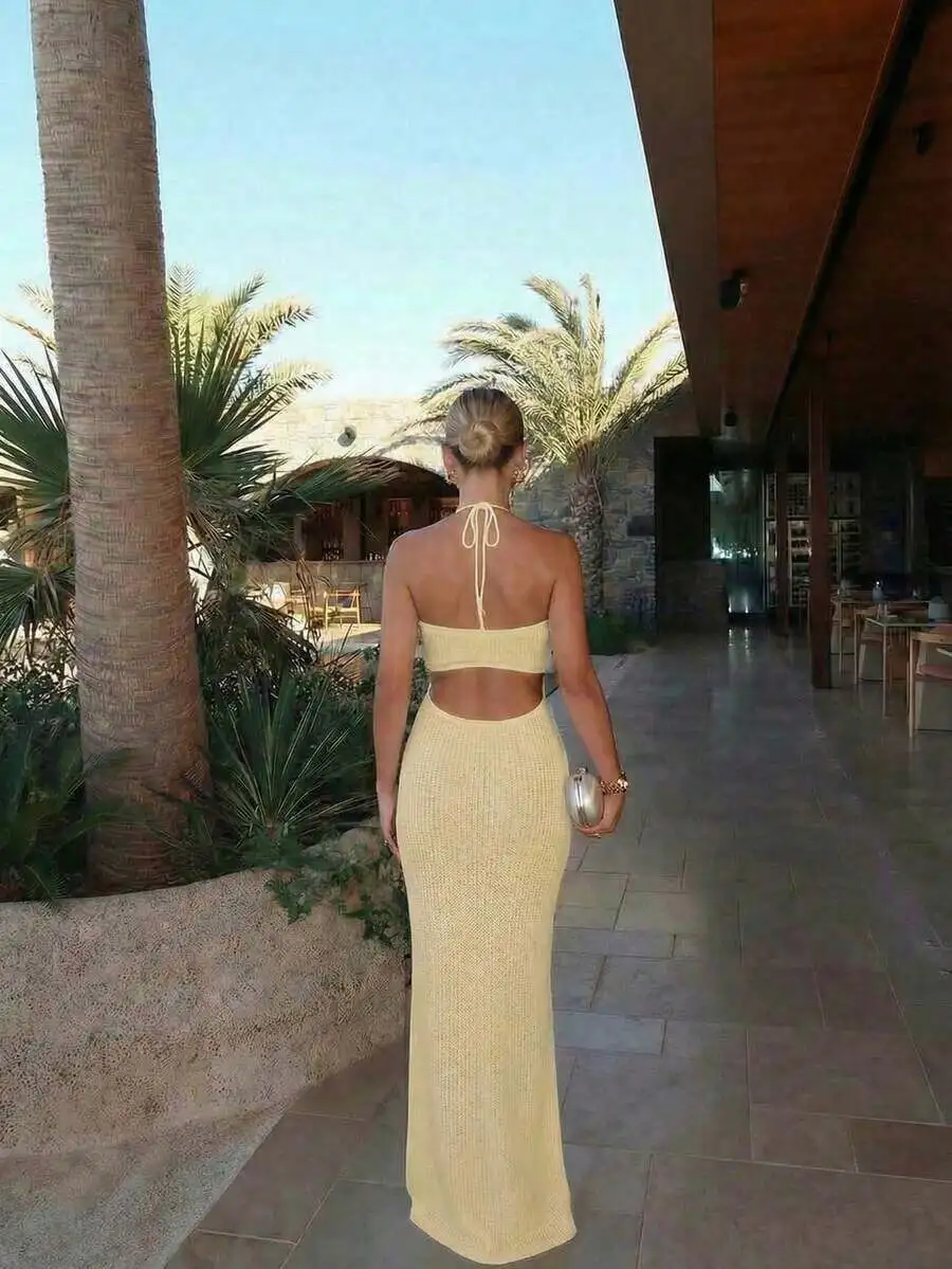 

Womens Summer Bohemian Lace-Up Spaghetti Strap Backless Maxi Knit Dress For Beach Festival Party