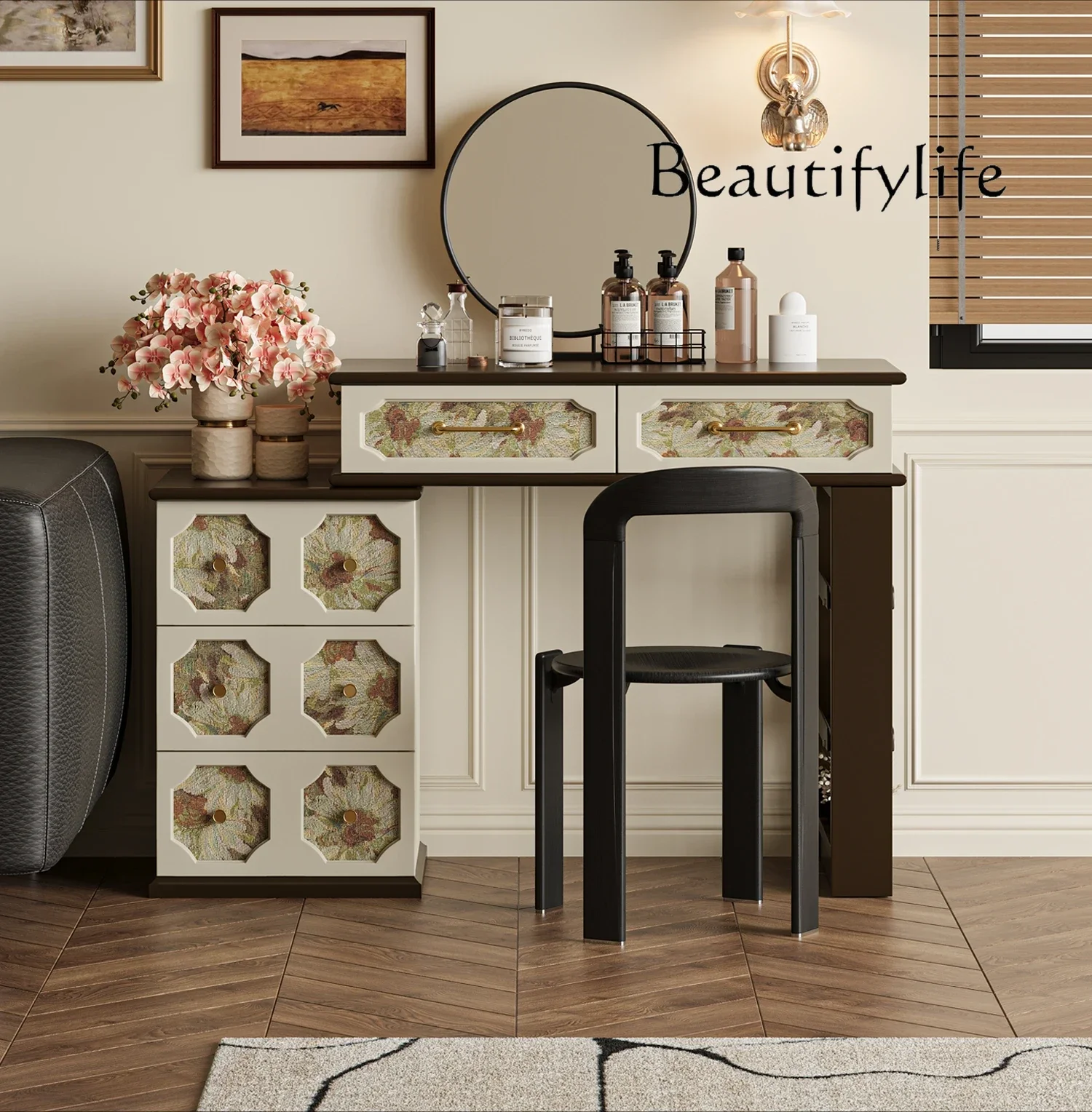 

Solid wood retro pattern dresser small apartment household bedroom bedside dressing table