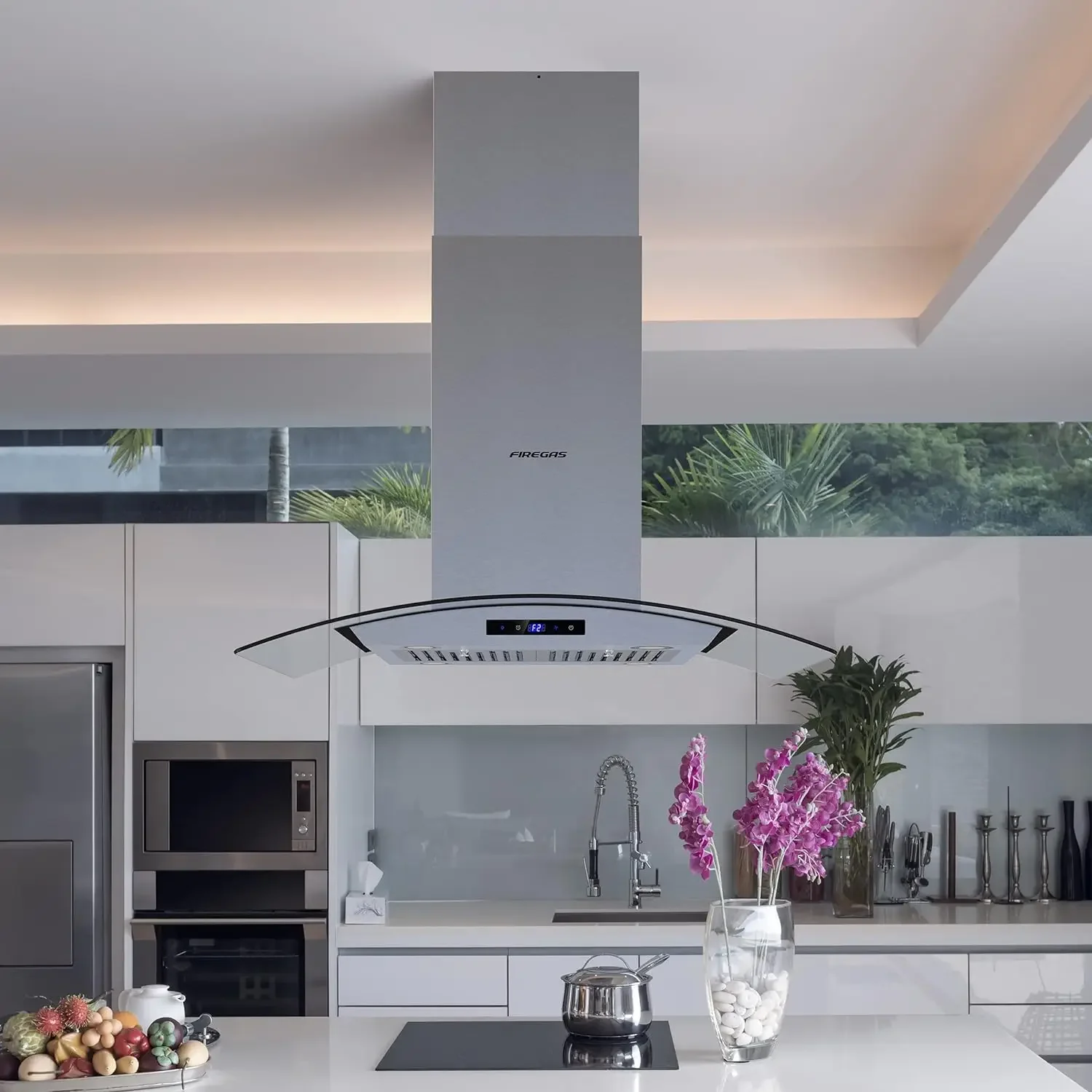 Island Range Hood 36 inch 450 CFM, Island Mount Kitchen Vent Hood with Tempered Glass,4 LED Lights,3 Speed Fan