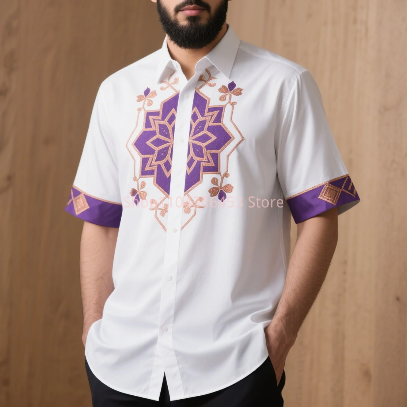 Men Simple Retro Fashion Ethnic Pattern 3D Printed Short-sleeved Lapel Shirt Light Breathable Light Color Business Casual Party