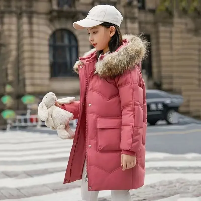 Children Down Cotton Clothes Girls Korean Medium and Long Thickened Warm Big Fur Collar Winter Coat Winter Clothes