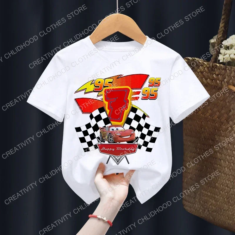 Summer Disney Cars Children T-Shirt Birthday Number 1-10 Clothes Kawaii Anime Cartoons Kids Boy Girl Hip Hop T Shirts Casual Top