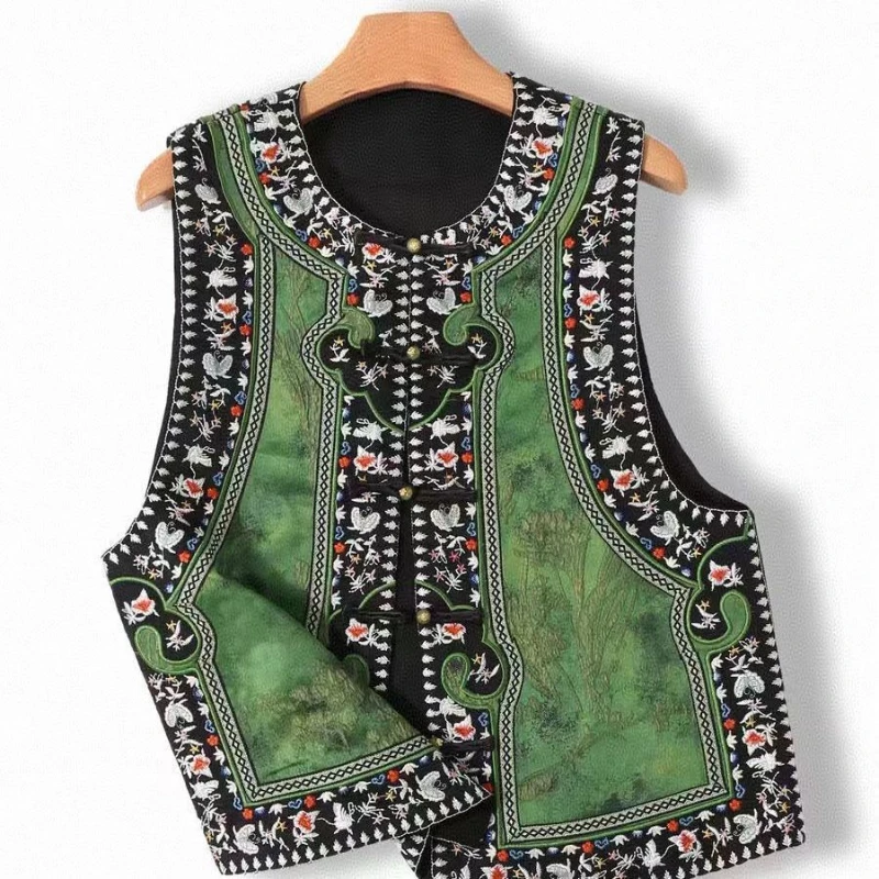 

Spring Fall 2025 New Women Designer Embroidery Green Dobby Floral Sleeveless Vest Coat , Woman Vintage Chinese Tang Vests Caots