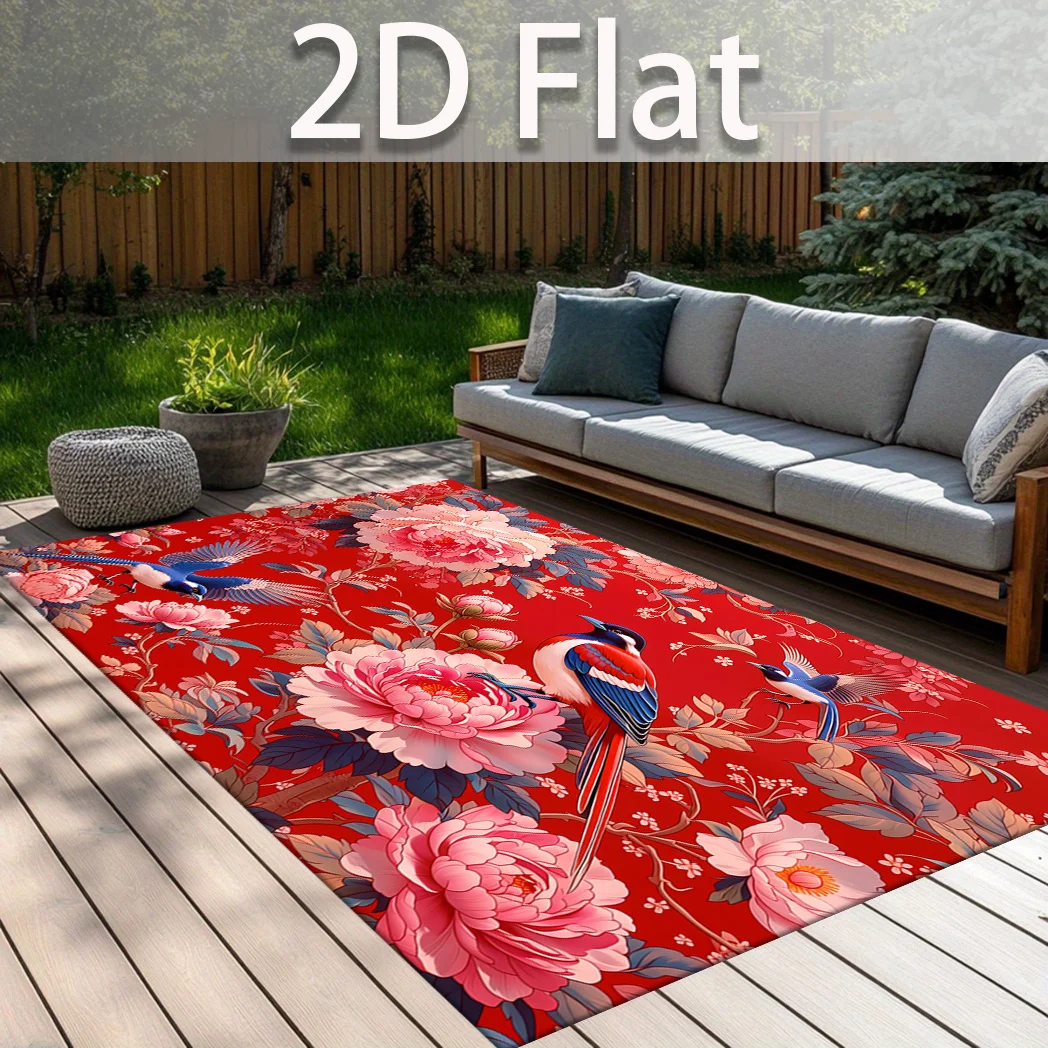 Chinoiserie Bird Rug Red Peony Blossom Printed Home Carpet Soft Non-Slip Flannel Floor Mat Imperial Decor