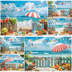 Summer Beach Photography Background Hawaiian Seaside Fruit Watermelon Parasol Ball Kids Portrait Vacation Party Photo Backdrop