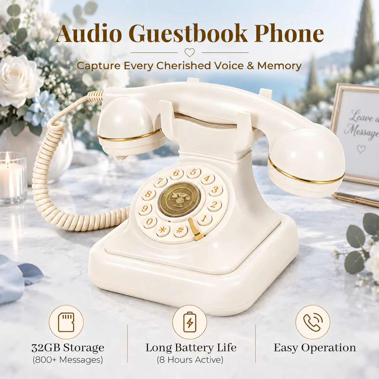 Wedding Audio Guestbook Phone Vintage Rotary Telephone Voice Recorder 32GB Memory Retro GuestBook Message Recording Device Party