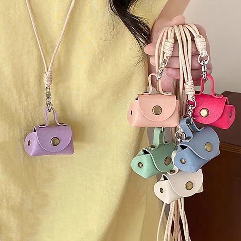 Small Leather Coin Purse Necklace Pendant Without Chain For Women Portable Headphone Cover Storage Long Sweater Chain