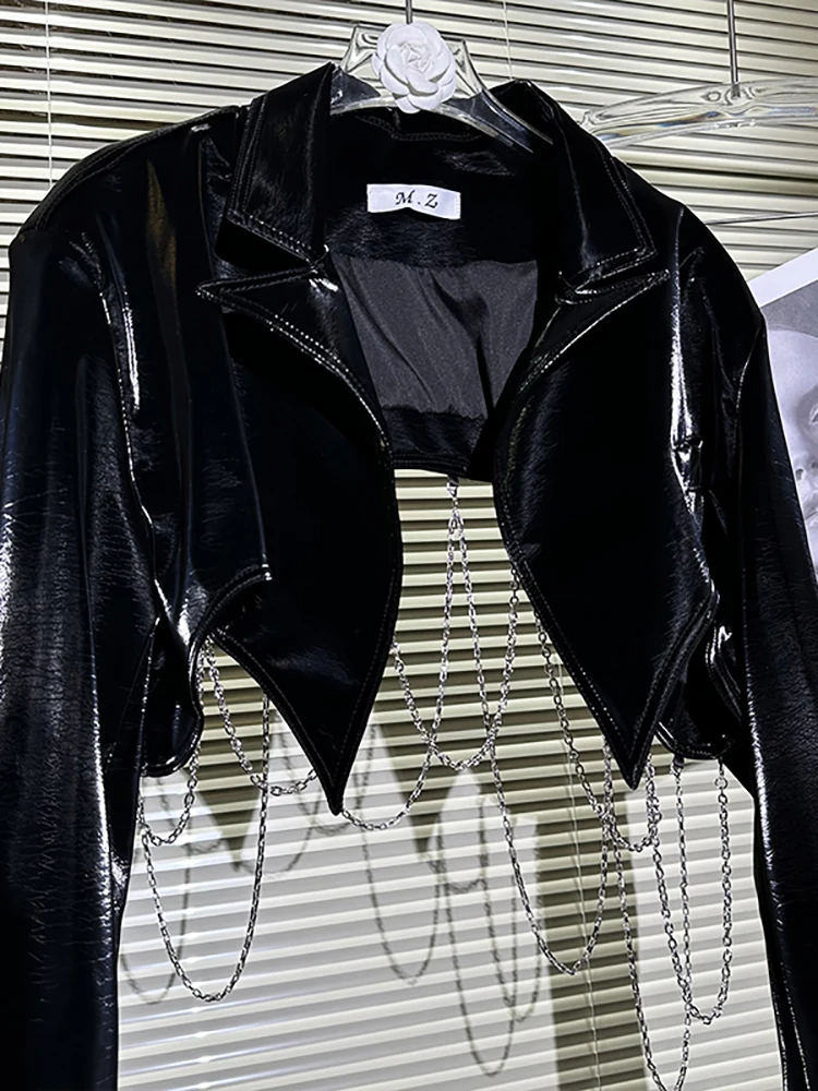 Filles chaudes noir veste en cuir courte chaînes en métal brillant PU conception asymétrique Punk Rock nouvelle mode pardessus Jaqueta
