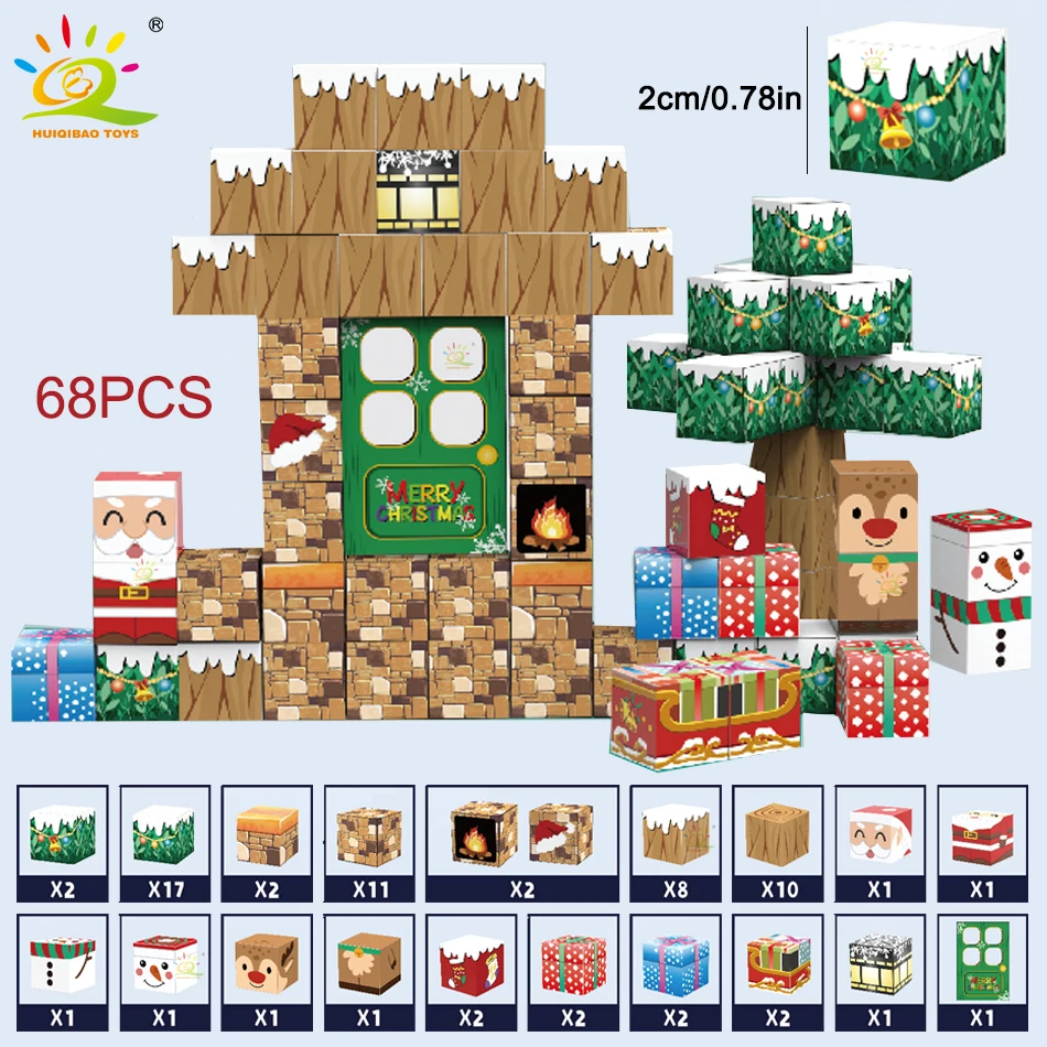 Cubo magnético do enigma do bloco para crianças, cubo quadrado 3D, árvore de Natal, mundo Santa Claus, alces, brinquedos sensoriais, presentes do Natal, DIY