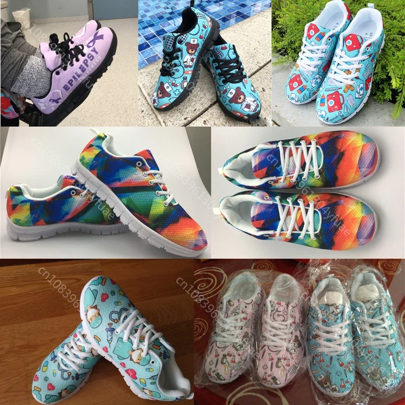 Kawaii Nurse Flat Shoes Women Lace Up Mesh Sneakers Medical Tool Pattern Ladies Footwear Lightweight Zapatillas Gift