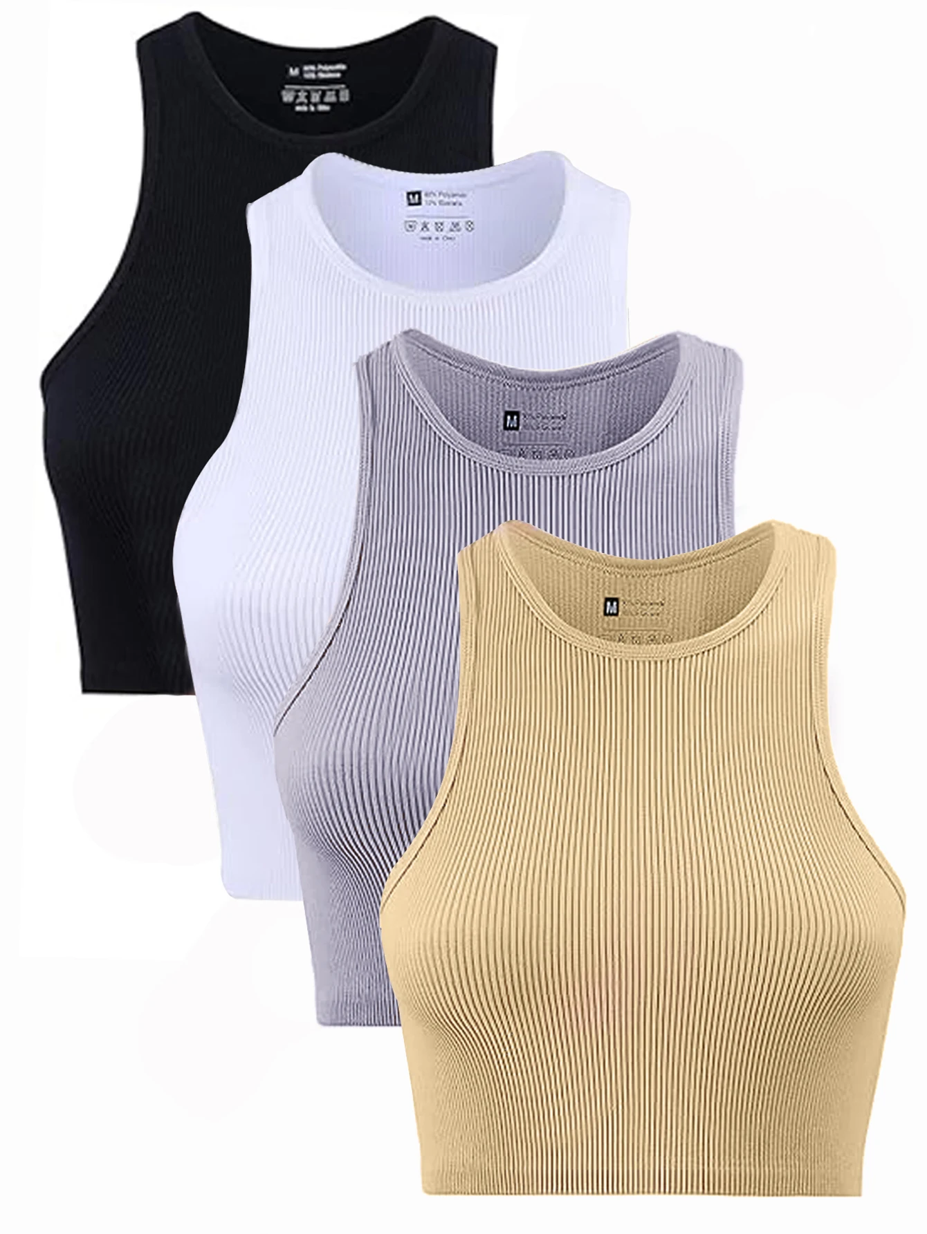 4Pcs Women Rib Knit Crop Tank Top Casual Sleeveless Crew Neck Slim Fit Basic Camisole Streetwear Summer Daily Workout Yoga Tops