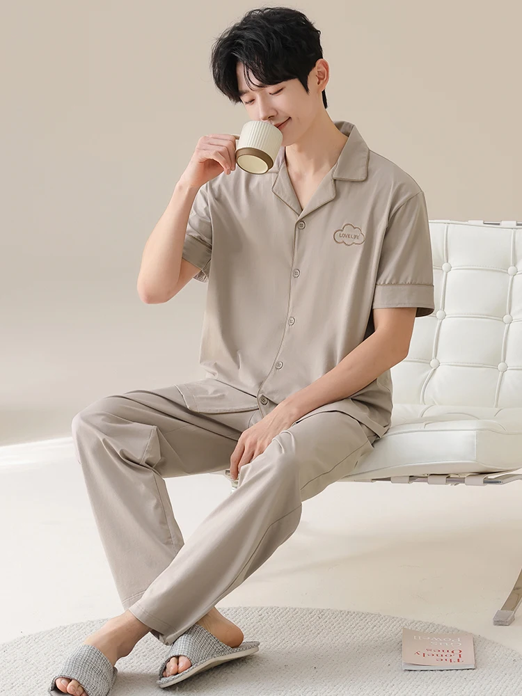 lycra-cotton-spwear-ort-sve-long-pants-collared-casual-home-clothes-youth-men's-outdoor-wearable-pure-cotton-set