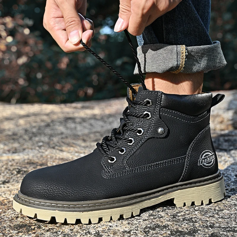 

High Top Fashion Motorcycle Leather Shoes Outdoor Leisure Comfortable Boots Male Lace-Up Botas New Autumn Men Shoes Boots