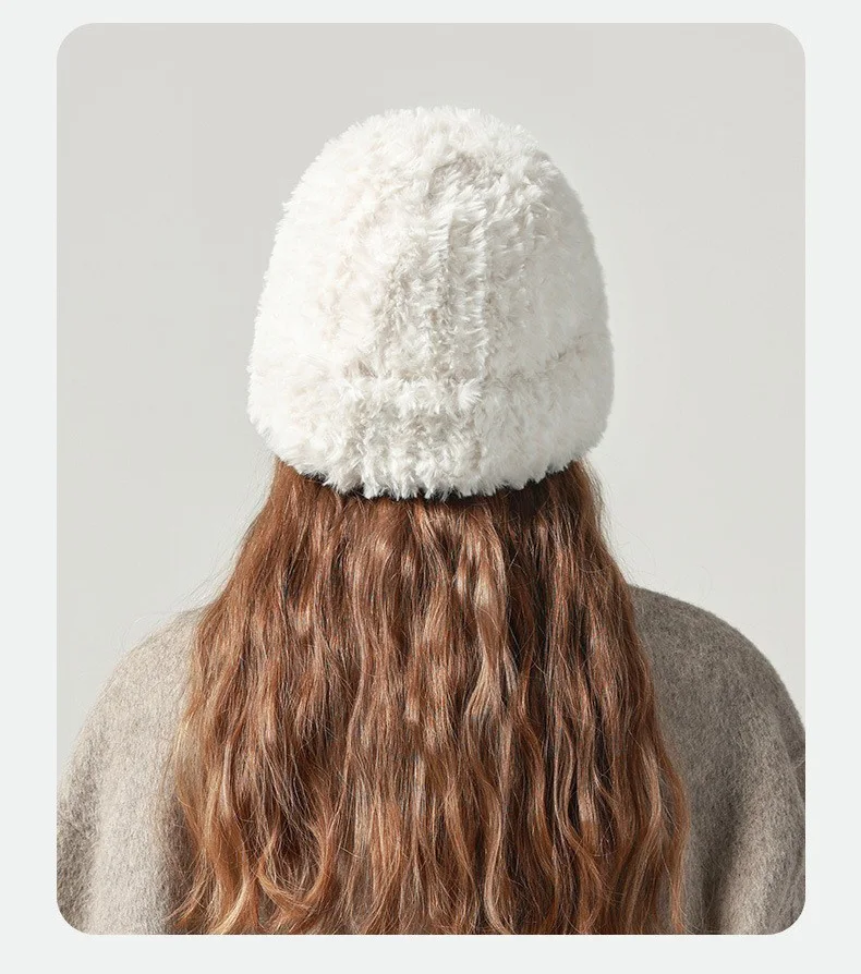 NOOFNO Fall/Winter Beanies Wigs for Women,Thick Plush Skull Warm Wool Knitted Hat with Hair  Attached,White Women\'s Cap Wig