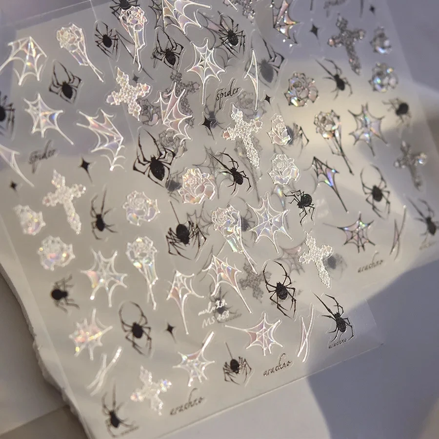 Pegatinas de alta calidad para uñas, calcomanías con carcasa brillante en blanco y negro, tela de araña, rosa, diseño de calcomanías, herramienta de manicura, MS-468