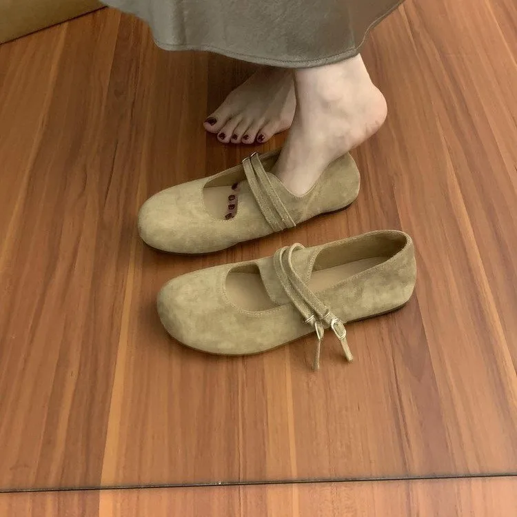 حذاء نسائي بدون كعب مسطح برأس مستدير من جلد الغزال للربيع والخريف بإبزيم أنيق كاجوال ناعم ومريح بكعب منخفض. #3