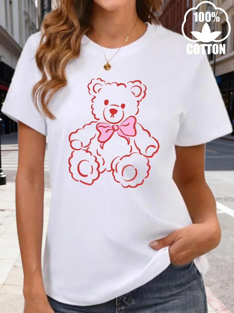 핑크 베어 100% 코튼 여성용 그래픽 티셔츠 크루넥 웃긴 Y2K 탑 티셔츠 캐주얼 여름 데일리웨어