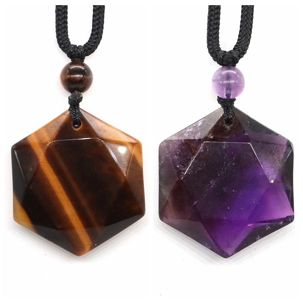 Natural Stone David Hexagram Star Rope Chain Necklace Healing Crystal Rose Quartz Black Obsidian Lucky Amulet Pendant Jewelry