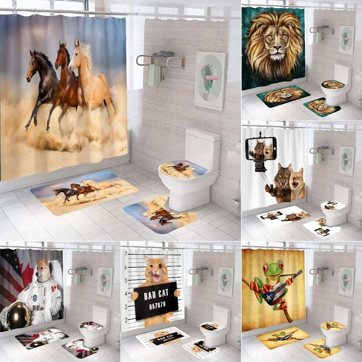 Shower Curtains Bathroom Set Horse Lion with Hooks Mat Decor Waterproof Cat Animals Bath Polyester Fabric 3D