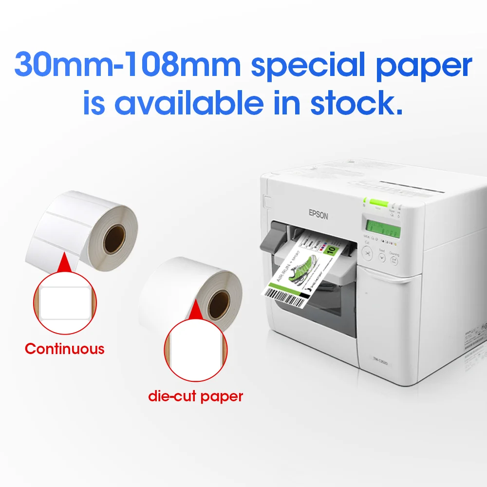 

White Gloss Inkjet Paper Blank Roll Packaging Label Sticker for Epson ColorWorks TM- C3500 TM-C3520 TM-C3400 Ink Digital Printer