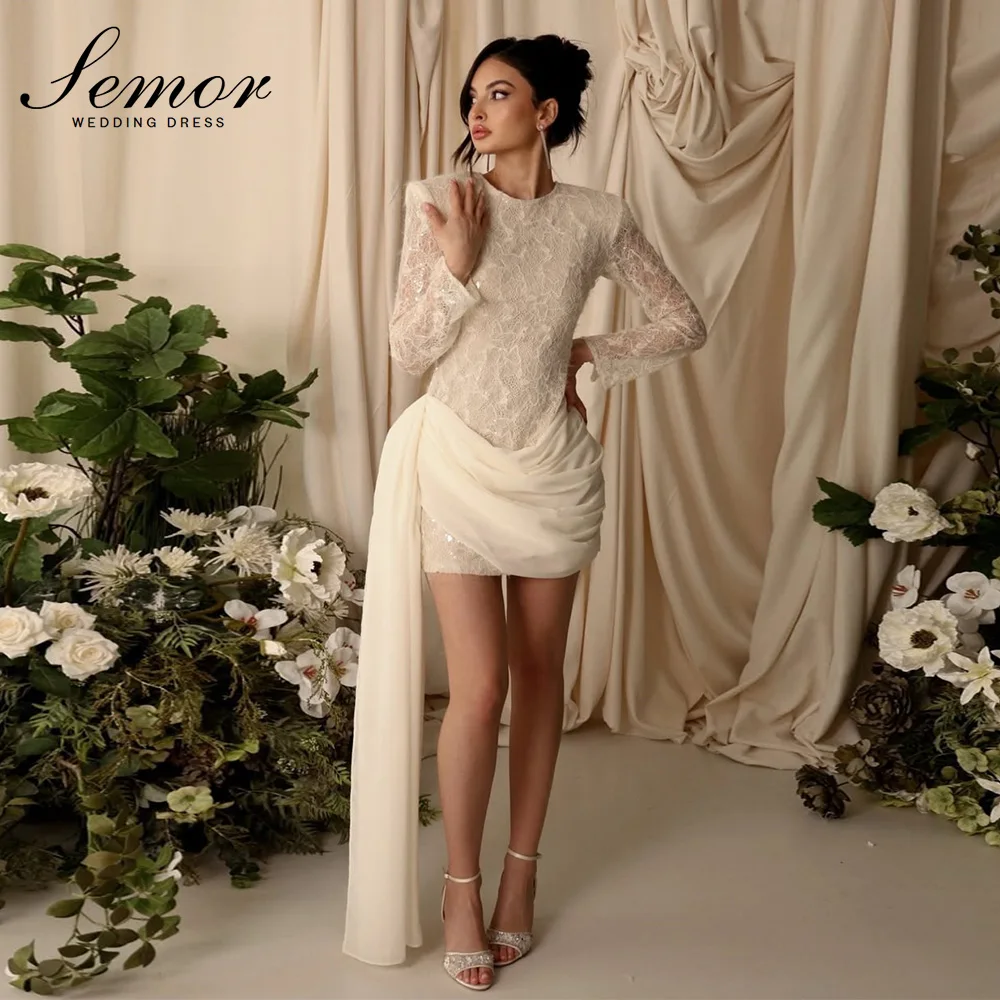 Semor Elegant Lace Sequin O-Neck Short Wedding Dress 2026 Sheath Asymmetrical Pleat Draped Bridal Dress Mini Vestidos De Novia