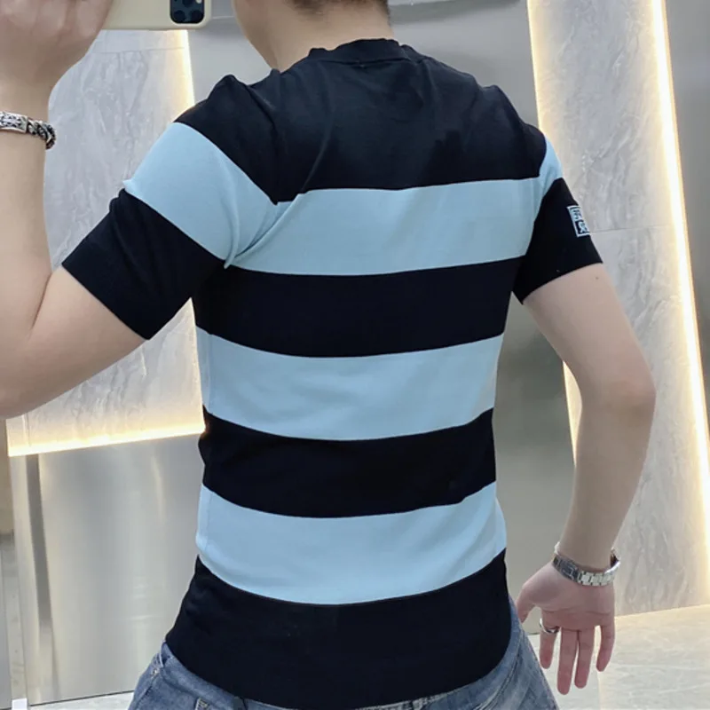 2023Tee Shirt Homme Personalized Striped Contrast Heat Drill Slim Fit Elastic Ice Silk Short Sleeve T-shirt Round Neck MenTshirt