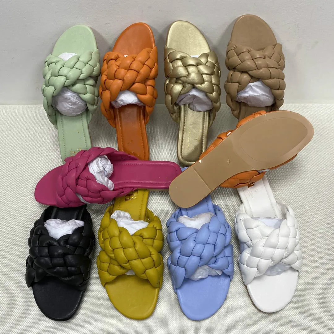 2023 Fashion Women\'s Shoes Cross Fashion Leather Weave Slides Women Flat with Outdoor Slippers Candy Color Summer Sandals