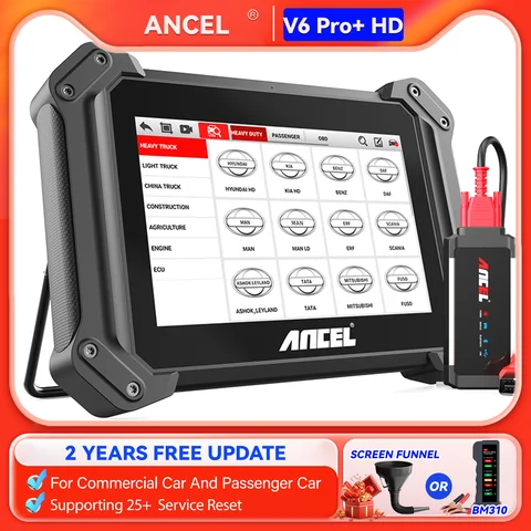 ANCEL V6 Pro + HD 8 인치 자동차 스캐너 obd2 스캐너 전체 시스템 40 + 12 v 24 v 자동차 트럭 진단 도구에 대한 재설정 서비스
