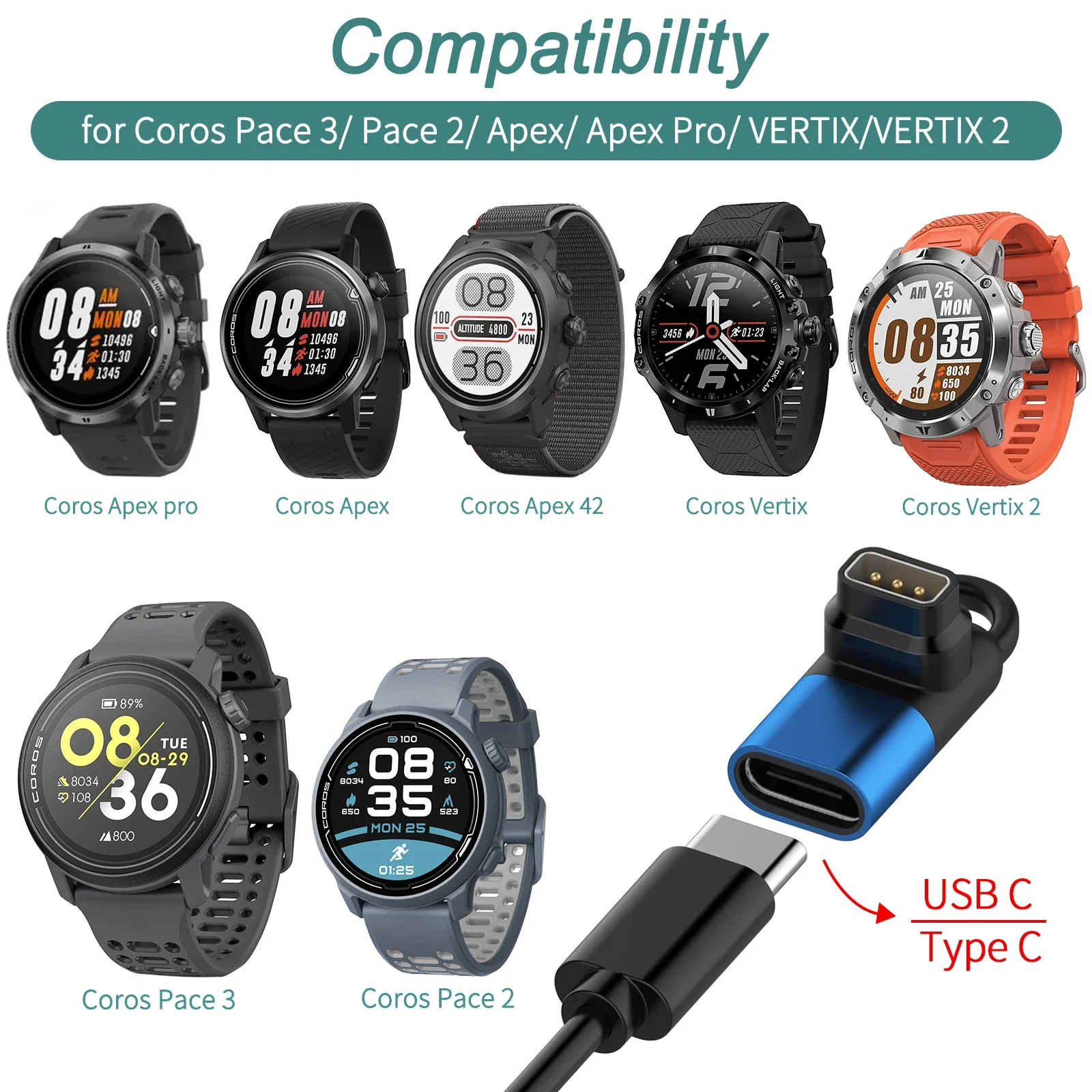 タイプ C 充電器コンバータ Coros Pace 3 2/Vertix 2 USB C 90 度 L 字型充電アダプタ Coros Apex Pro/42 スマートウォッチ用