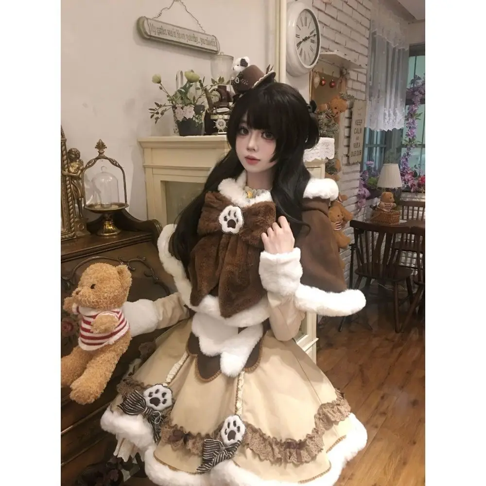 

Japan Lolita The Bear Plush Hooded Cloak Sweet Fluffy Skirt Cute New Year'S Shirt Autumn And Winter Three-Piece Set